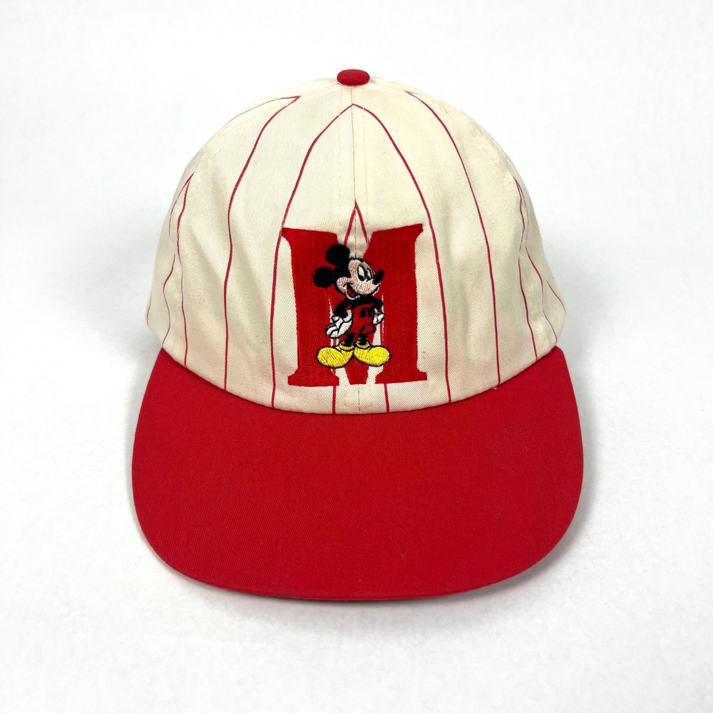 Vintage 90s Walt Disney Mickey Mouse Baseball Cap Men's OSFM Cream Red Pinstripe